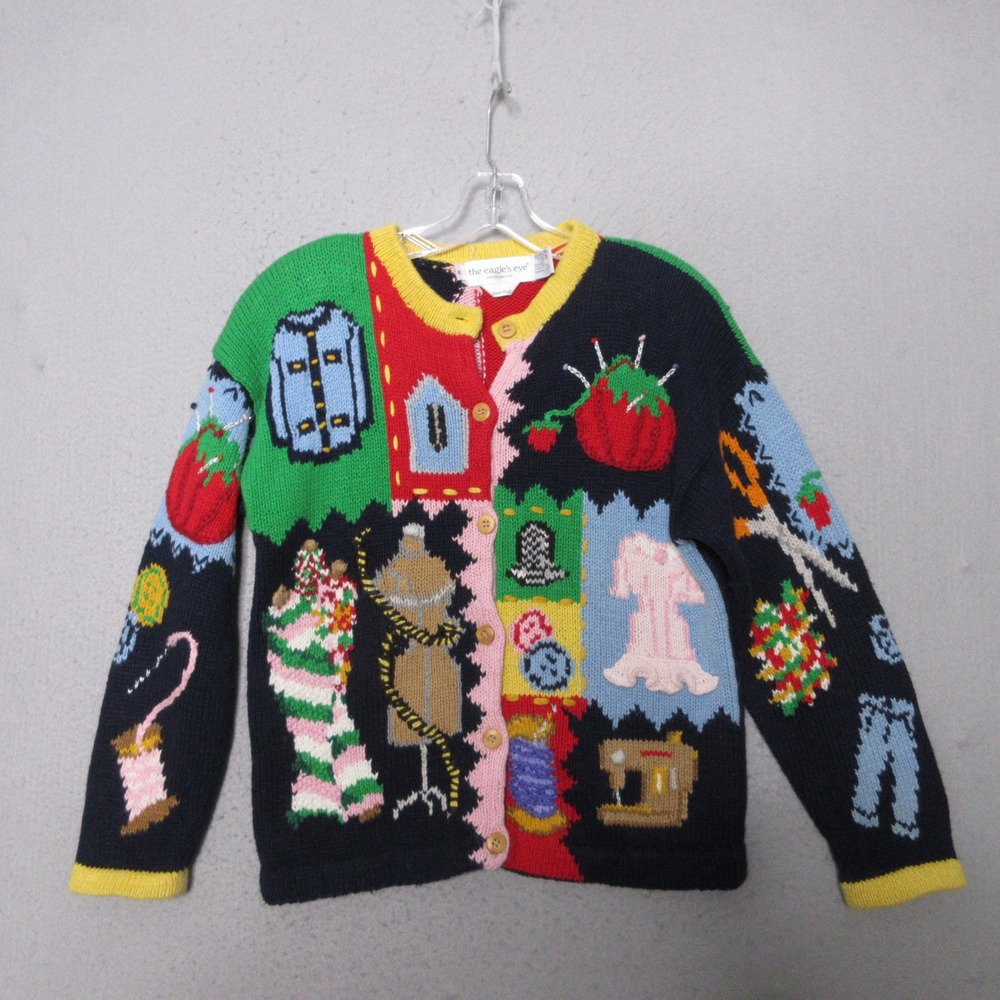 Vintage Eagles Eye Cardigan Teacher Novelty Hand Knit Colorful Cottage Core 90s